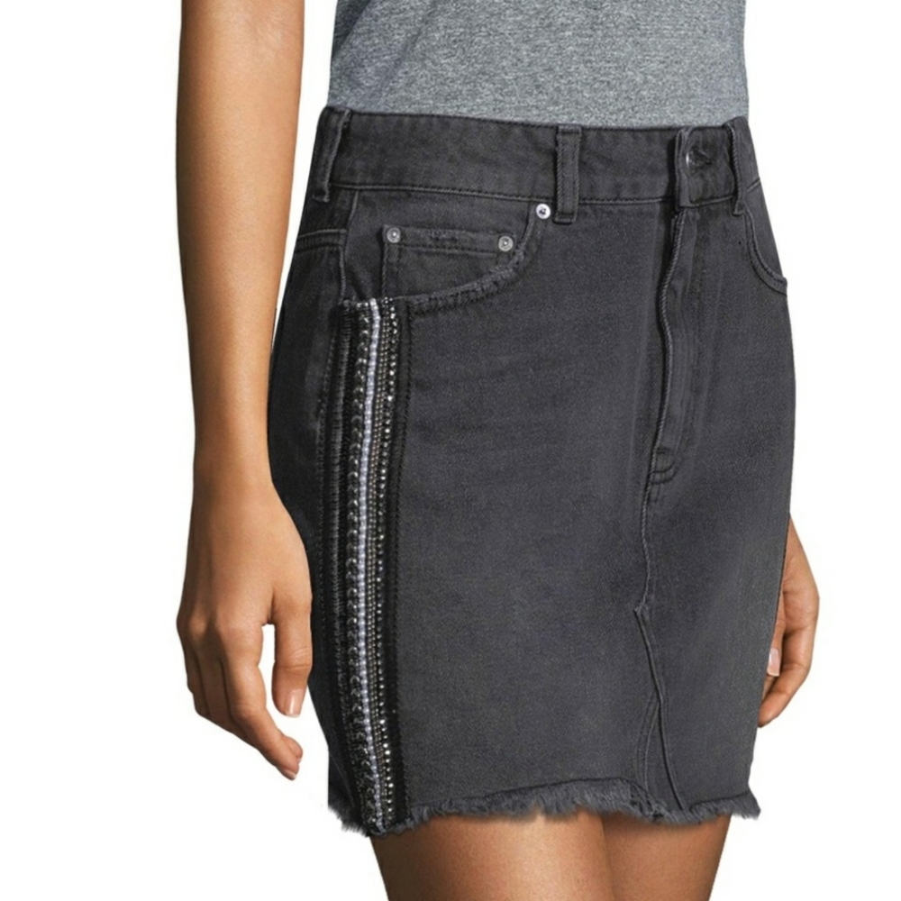 Free People Embellished Black Denim Mini Skirt Waist 28